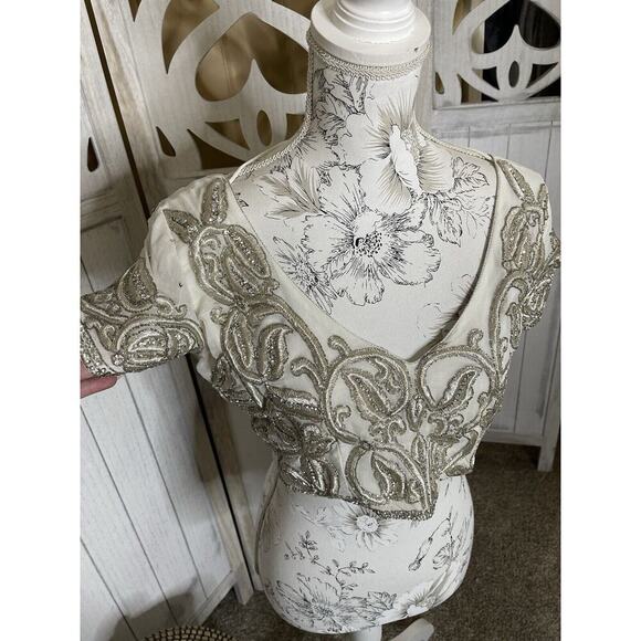 Vintage Cream White Beaded Embroidered Metallic Cropped Top Size Small - Picture 2 of 6